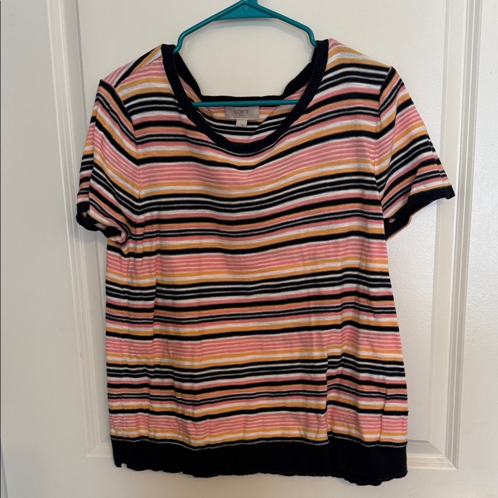 Ann Taylor LOFT Outlet Striped Short-Sleeve Knit Top Pink Orange Navy White L